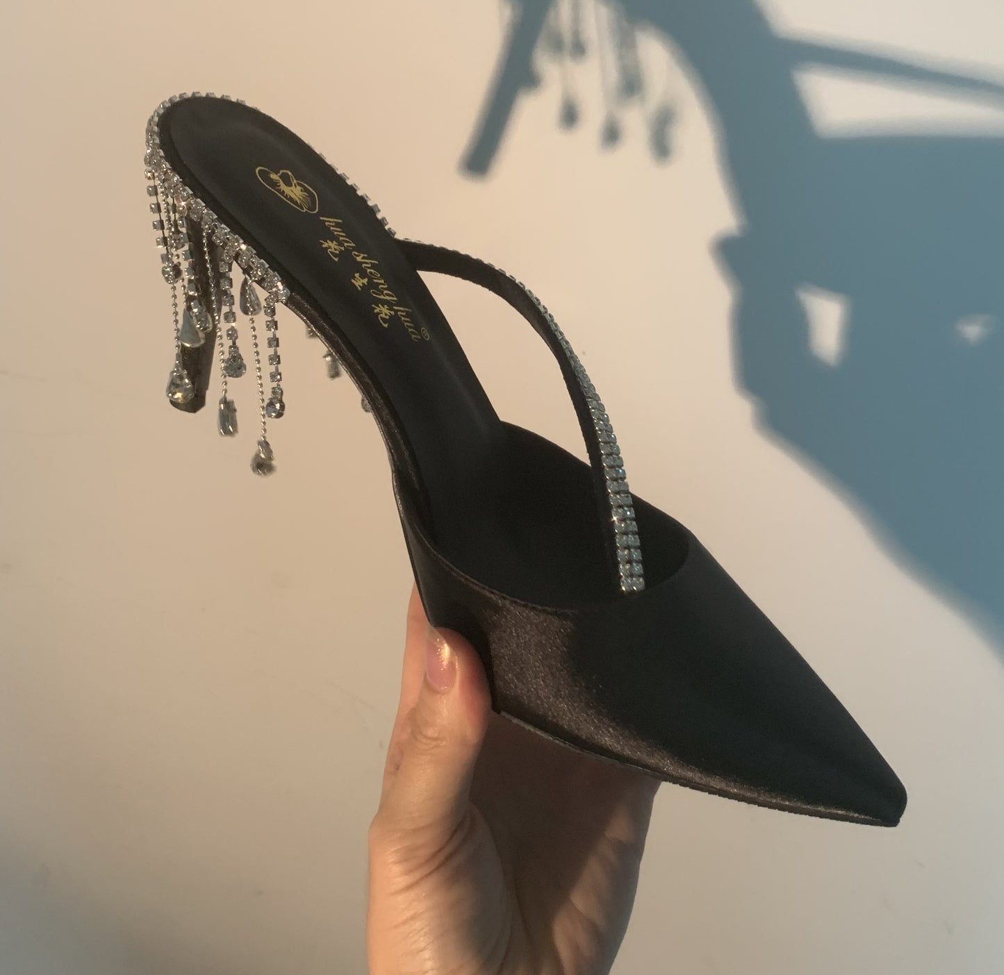 Pointed rhinestone stiletto heel champagne color sandals