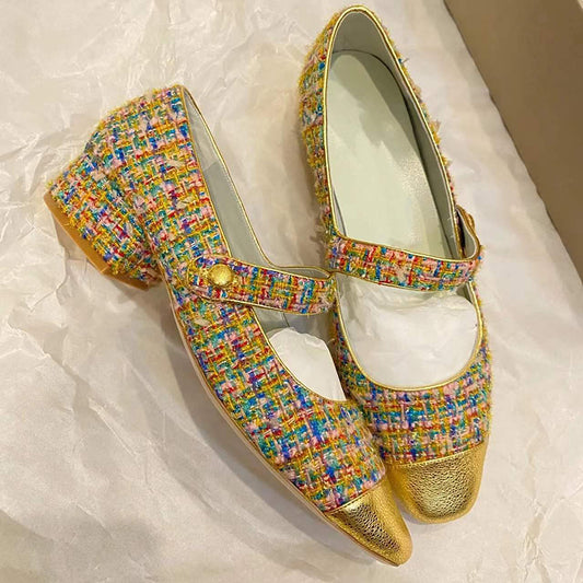 Thick heel color block shallow Mary Jane shoes