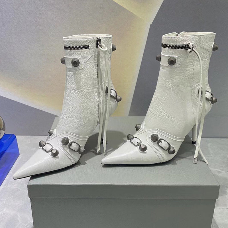 Metal studded tassel slim biker boots