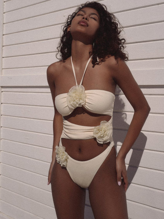 3D three-dimensional flower mesh halterneck sexy hot spring all-in-one bikini swimsuit