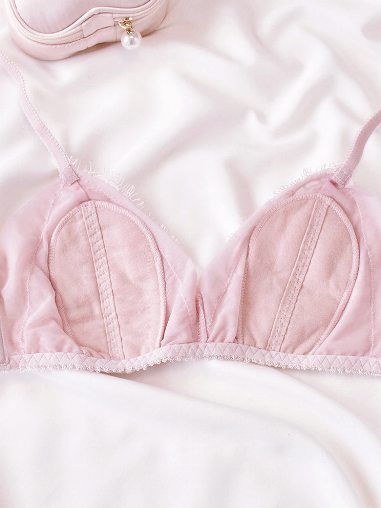 Pink lace cute sexy bow halter neck strap underwear set