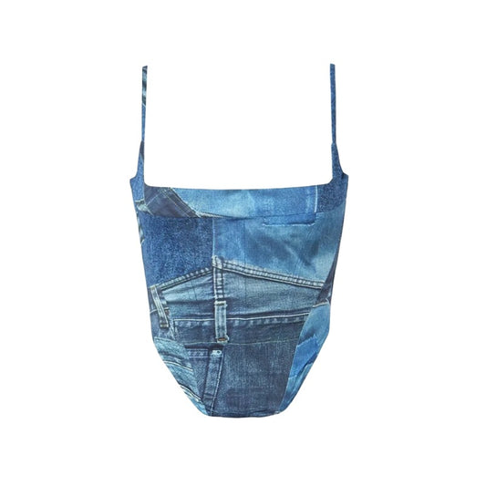 American retro tie-dye denim print fishbone suspender belt