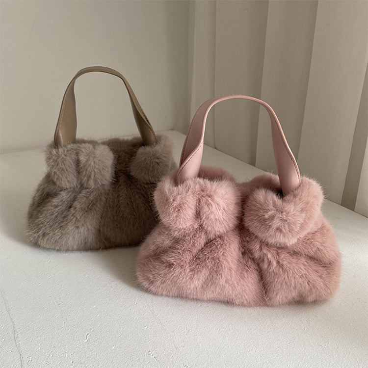 Pleated Faux Rabbit Fur Crossbody Bag