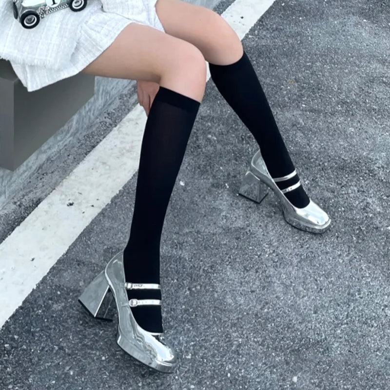 Vintage Mary Jane Shoes Women French Square Toe High Heels