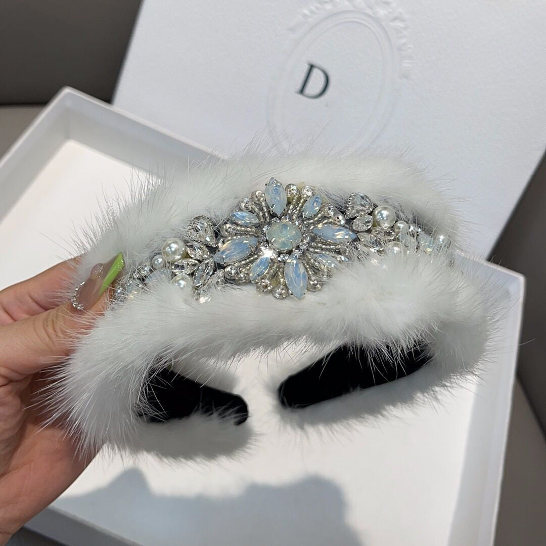 Mink fur wide-brim pressed plush diamond-encrusted headband