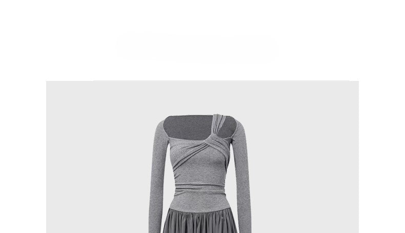 Grey off-shoulder dress with asymmetrical design