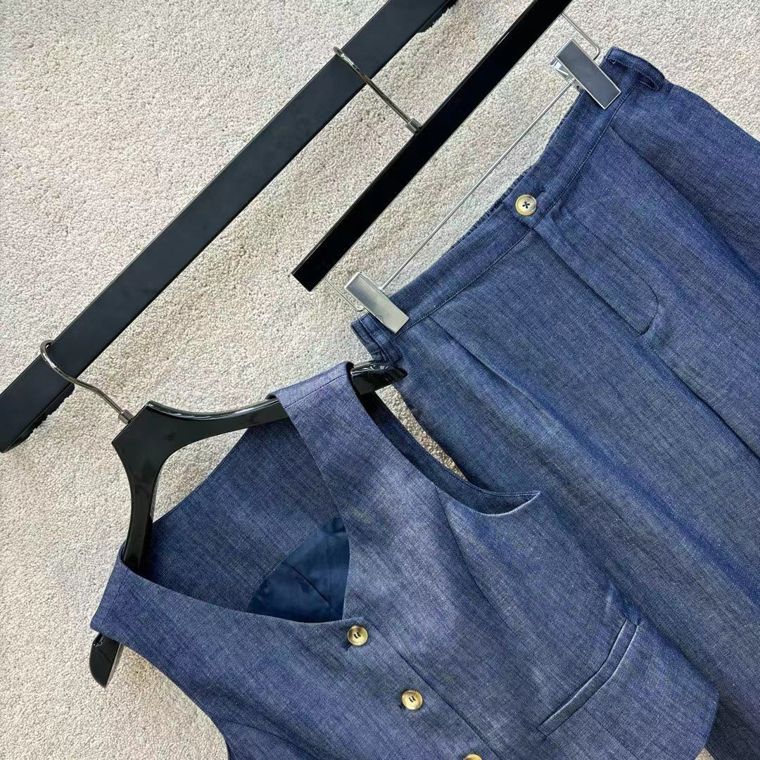 Lazy style linen vest vest top high waist wide leg straight pants suit