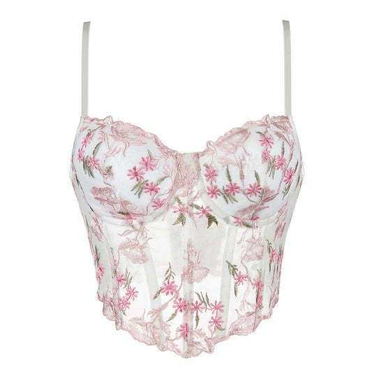 Embroidered flower mesh fishbone camisole