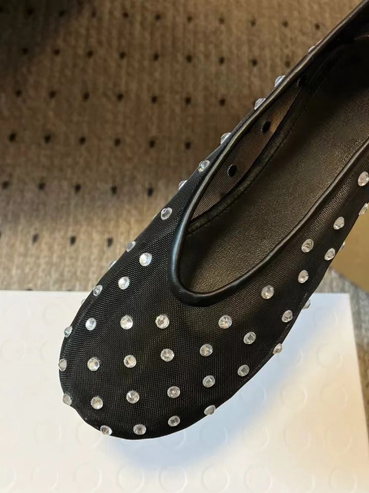 Niche round toe mesh rhinestone ballet flats