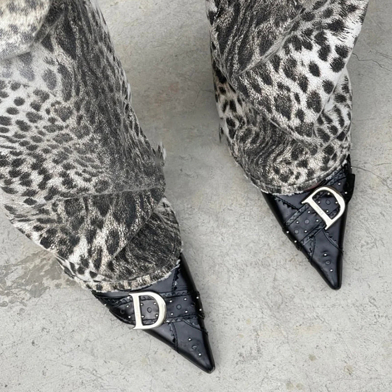 Retro high heels metal D buckle pointed toe back strap buckle stiletto sandals