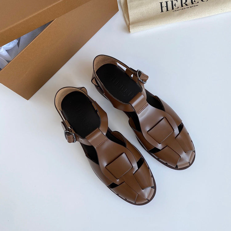 Mary Jane's new style cowhide hand-woven flat buckle women's shoes