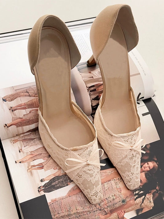 Retro lace bow high heels