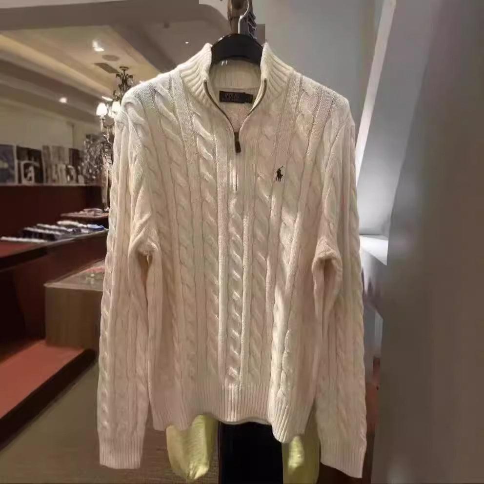 Embroidered knitted stand collar sweater
