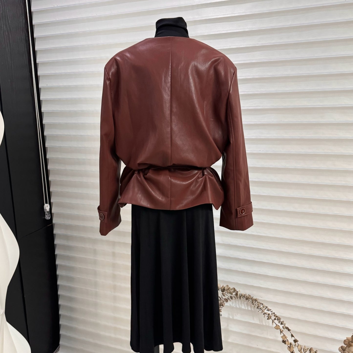 V-neck lace-up PU suit motorcycle jacket