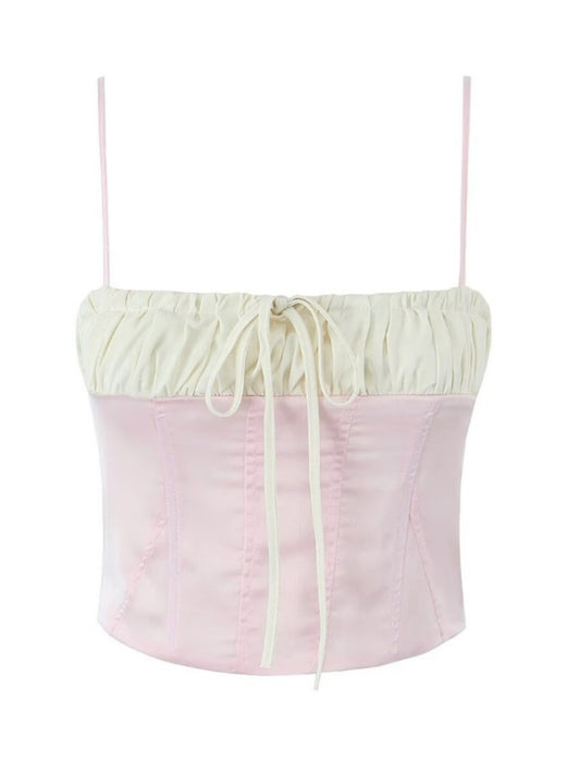Pleated paneled lace-up cropped crop top