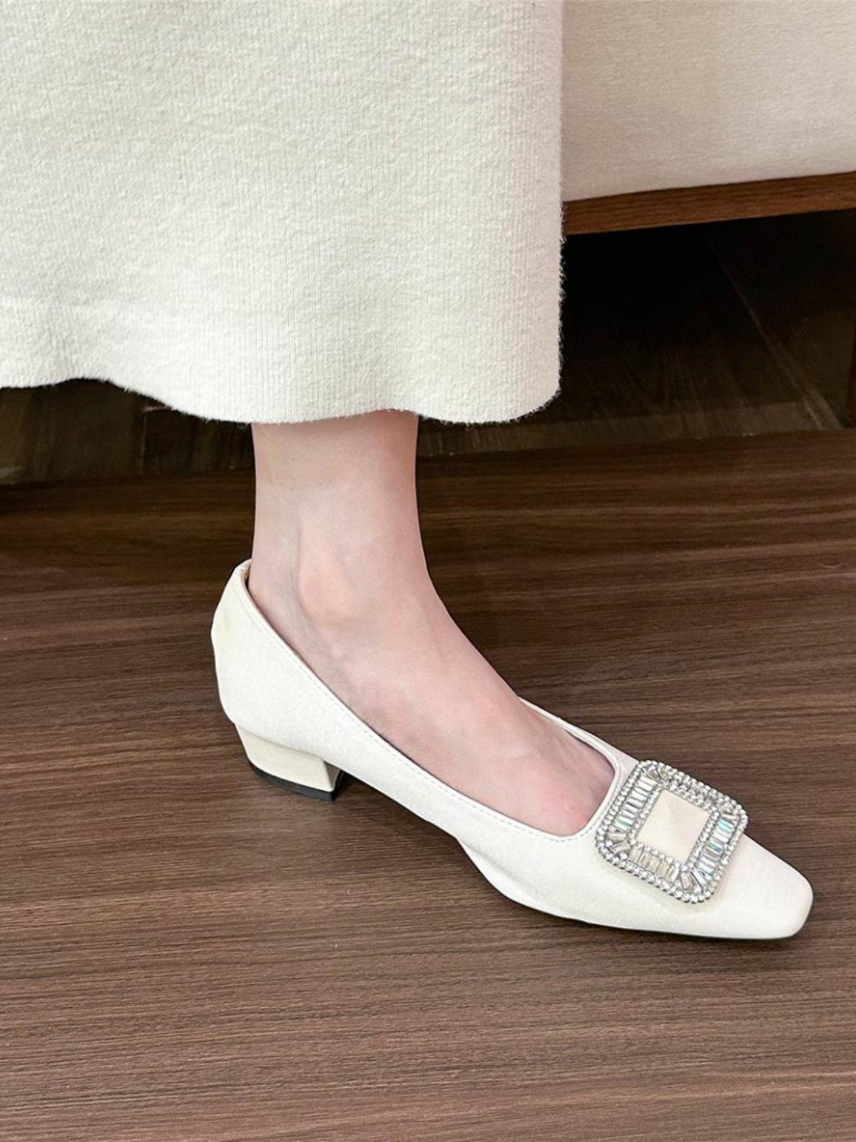 Square toe rhinestone shallow heel shoes