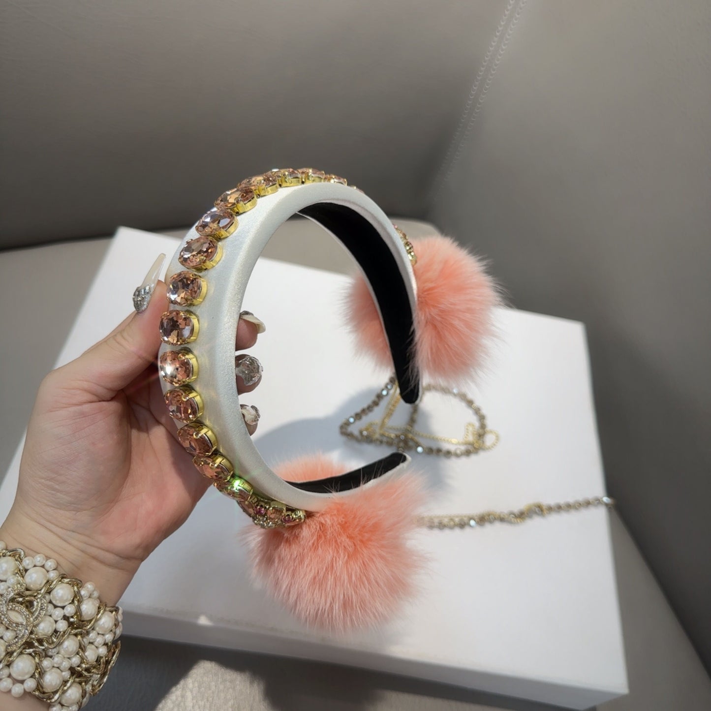 Rabbit fur ball tassel chain headband