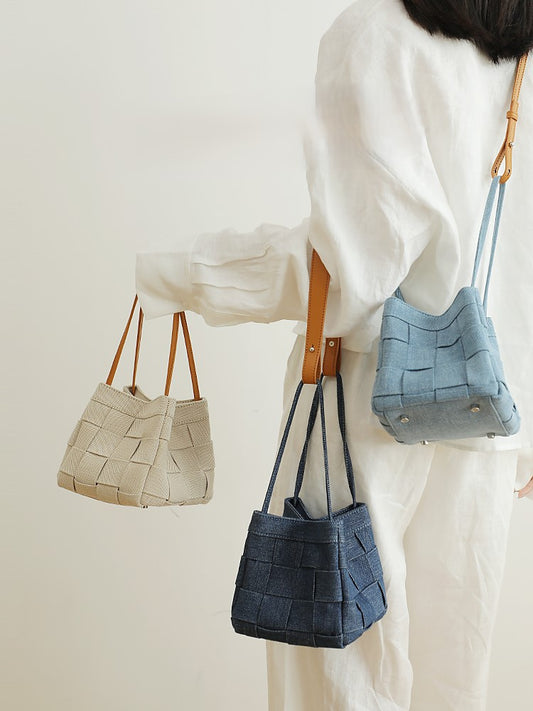 Denim and leather bucket bag
