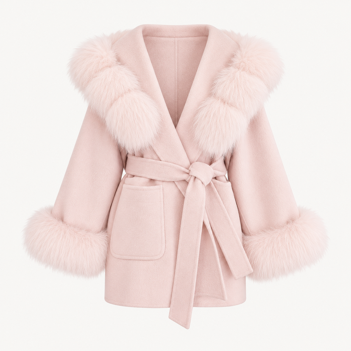 Wool Hooded Coat With Fox Fur Trim - Blush Pink