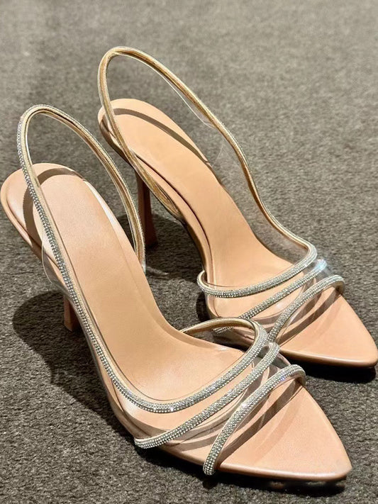 Sexy rhinestone open toe transparent back strap stiletto sandals