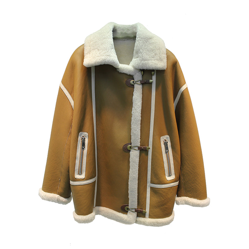 Lmported merino sheepskin fur all-in-one retro motorcycle jacket