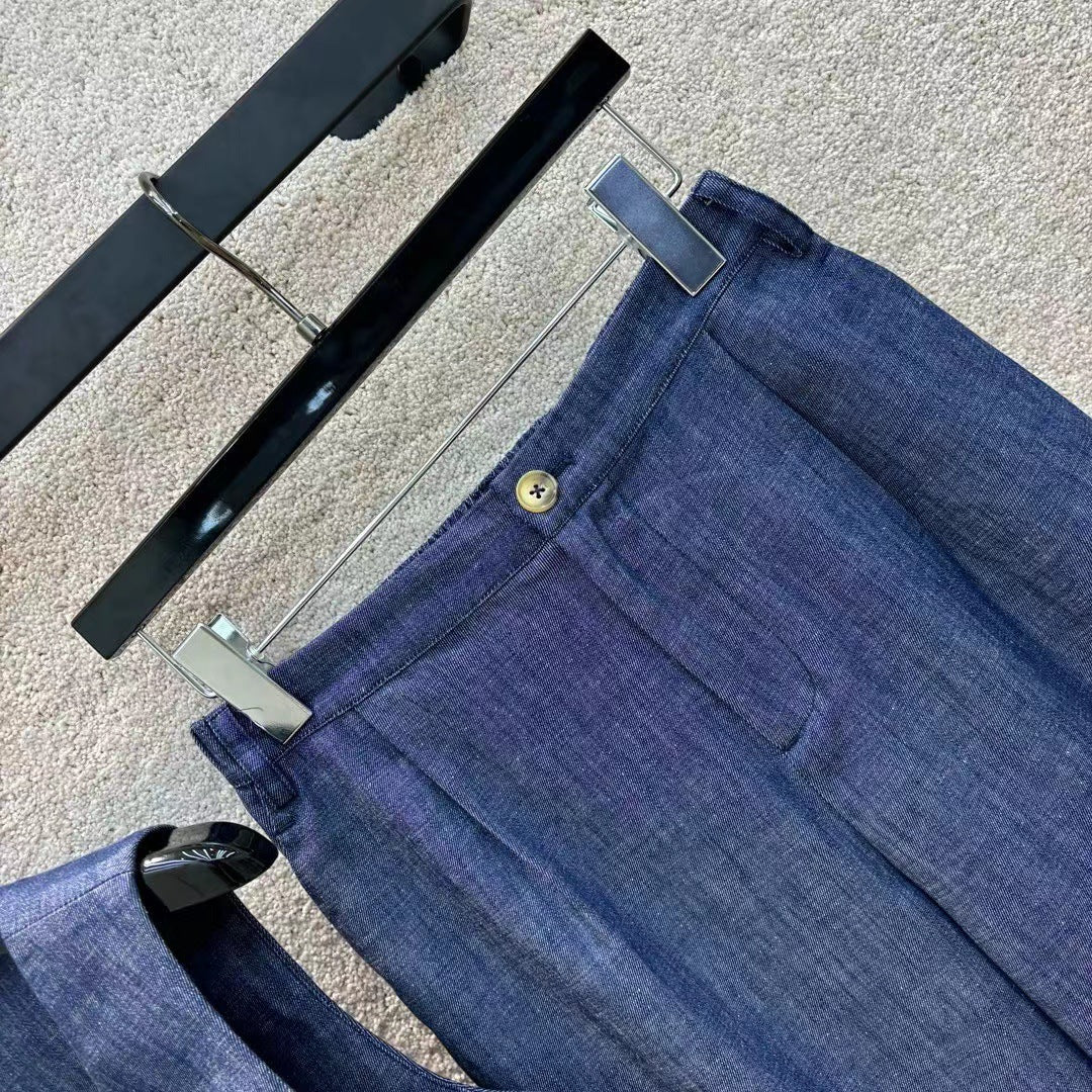 Lazy style linen vest vest top high waist wide leg straight pants suit