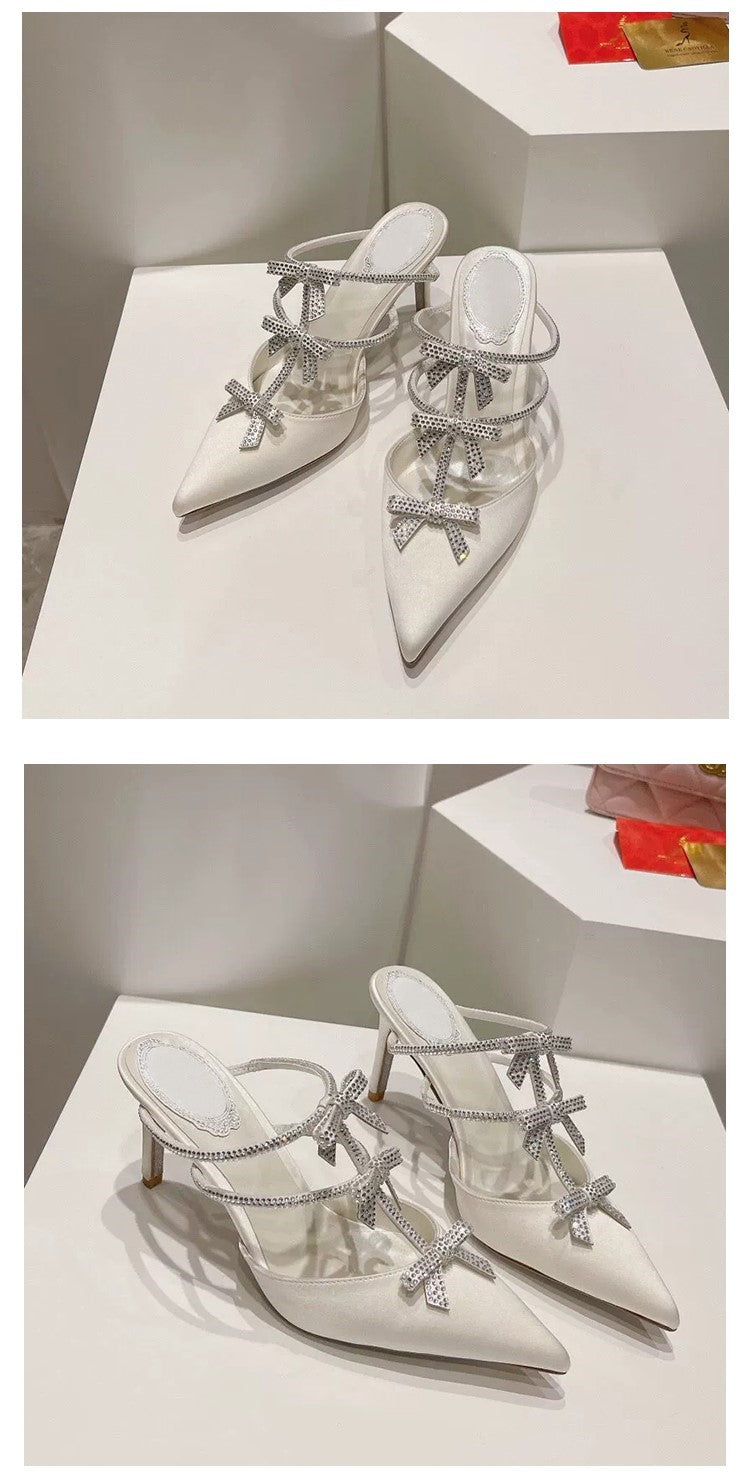 French pointed toe half-slip rhinestone sandals
