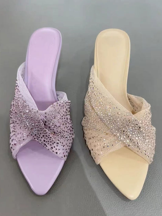 French sweet rhinestone soft gauze stiletto sandals