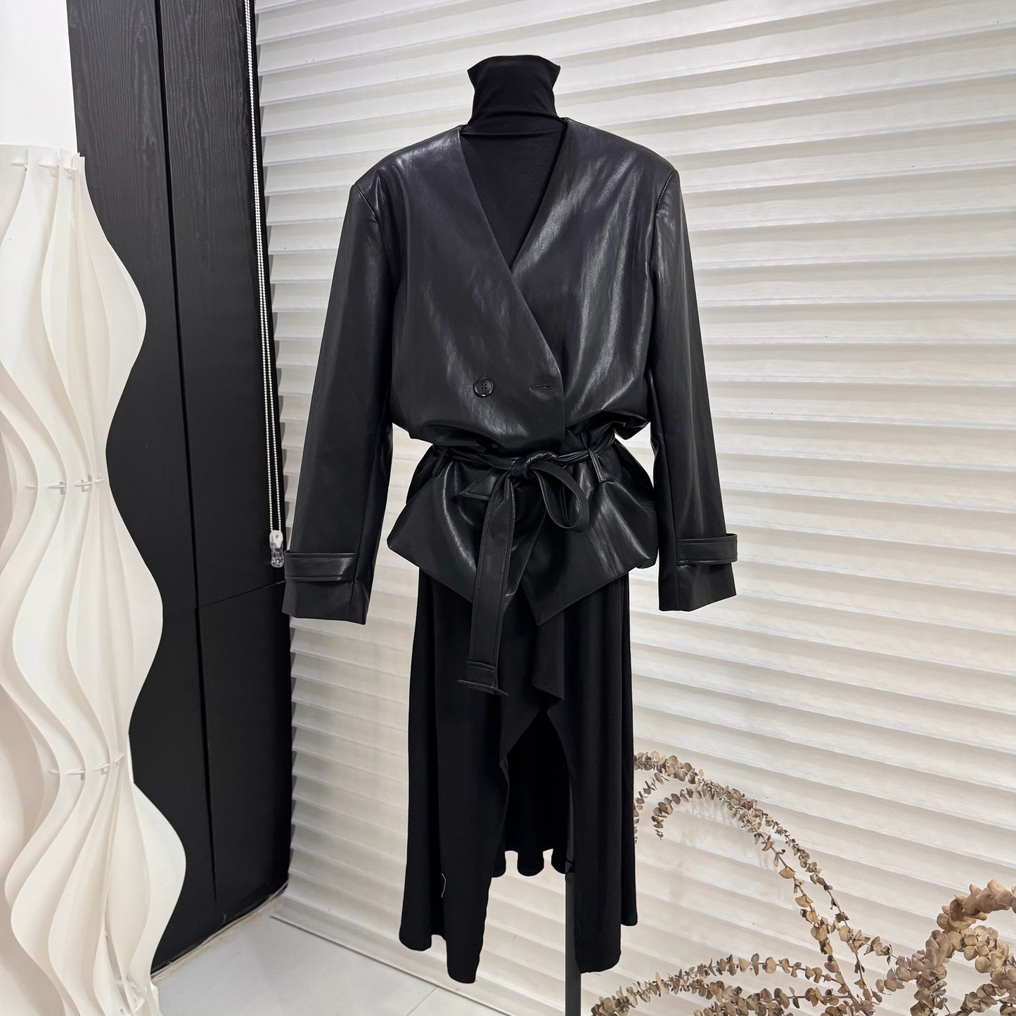 V-neck lace-up PU suit motorcycle jacket