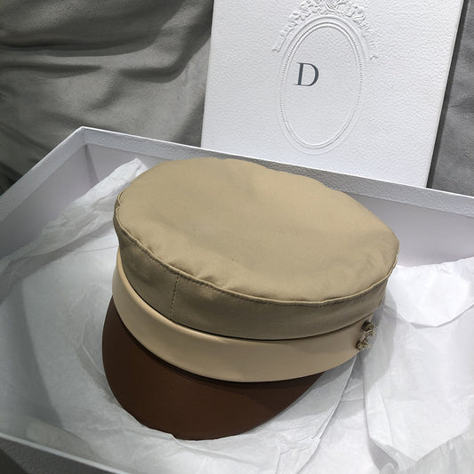 Versatile octagonal hat with leather brown peaked cap