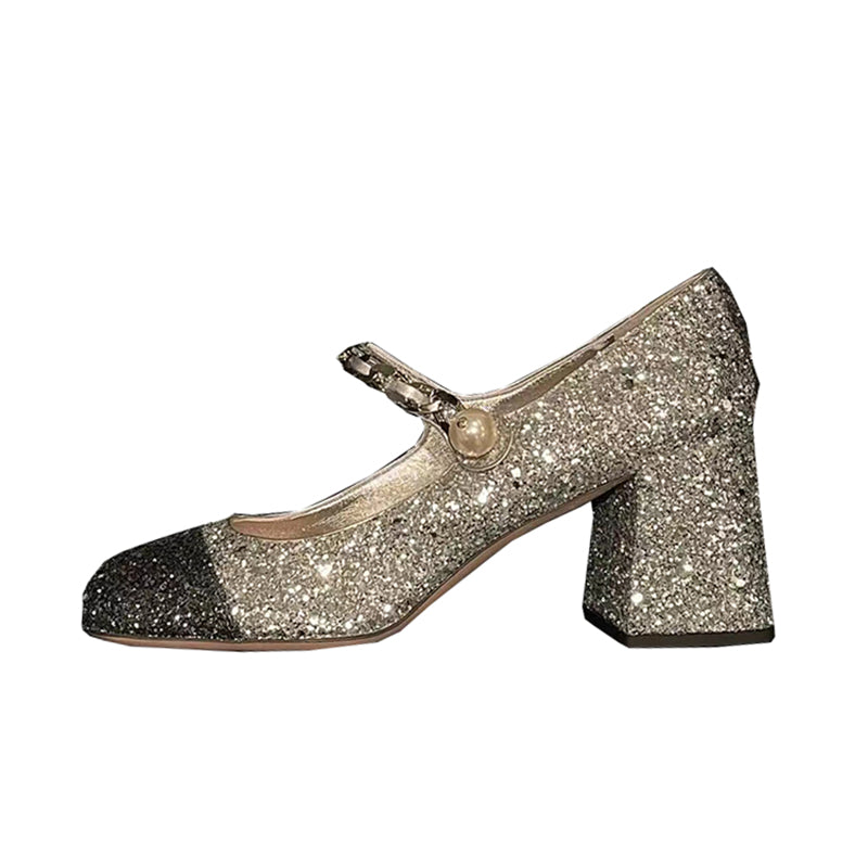 French style contrasting sequined square toe block heels Mary Jane