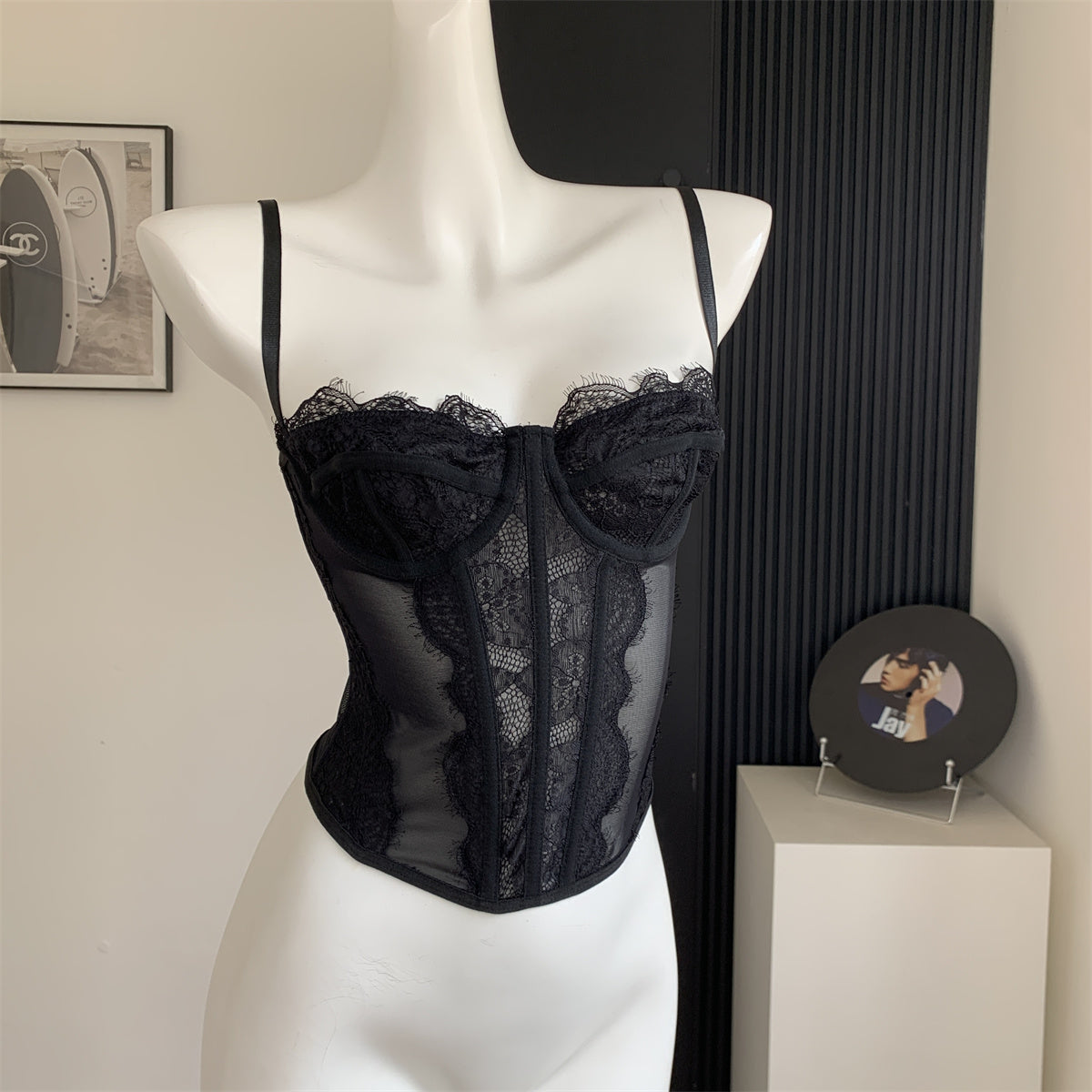 Lace embroidered herringbone camisole bra