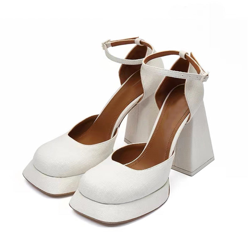 Printed black and white plaid block heel high heel Mary Jane