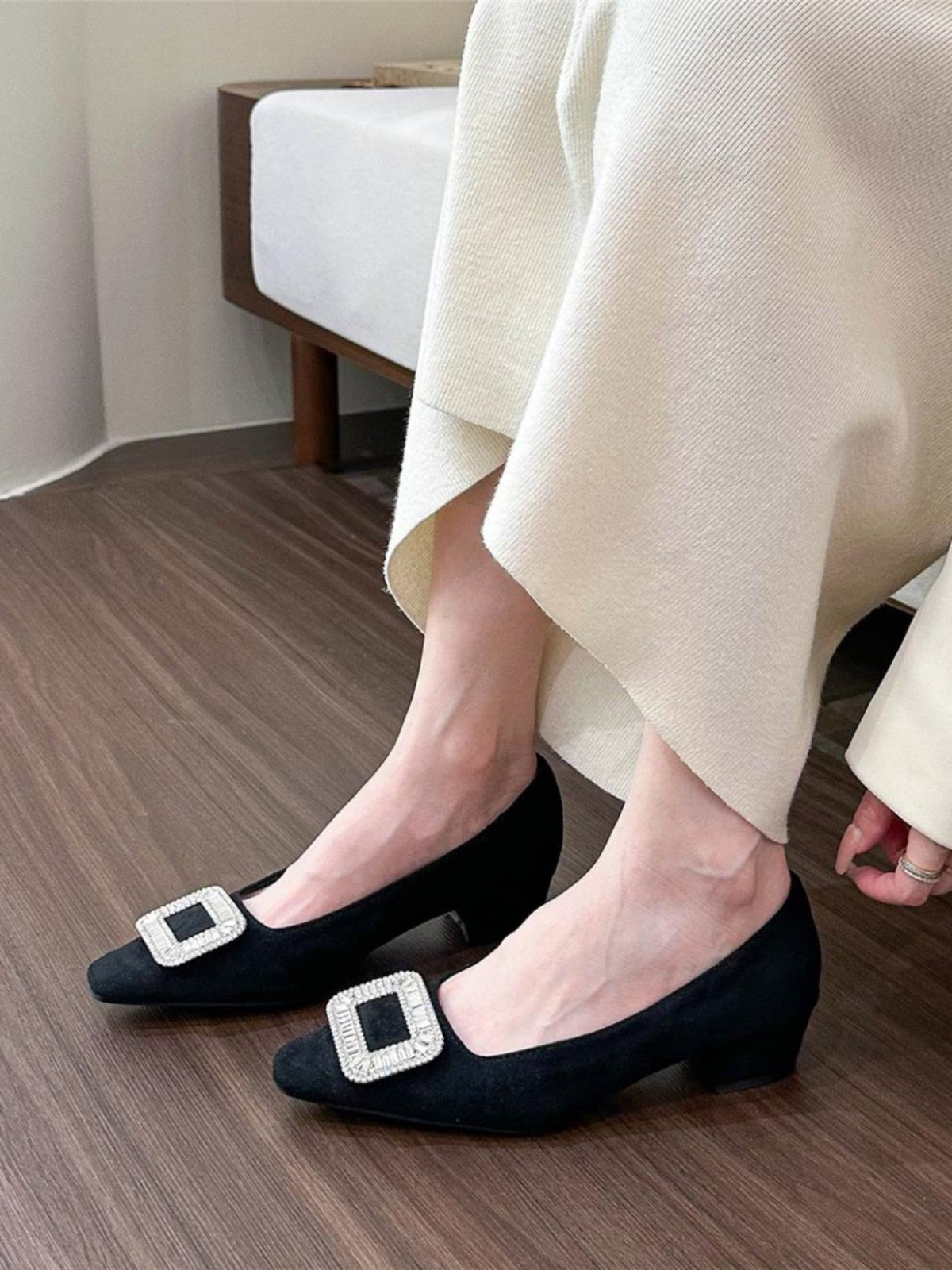 Square toe rhinestone shallow heel shoes