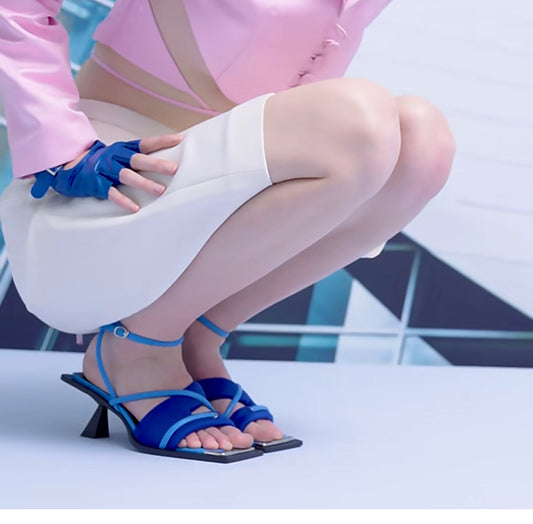 Square toe metal thick high heel strappy sandals
