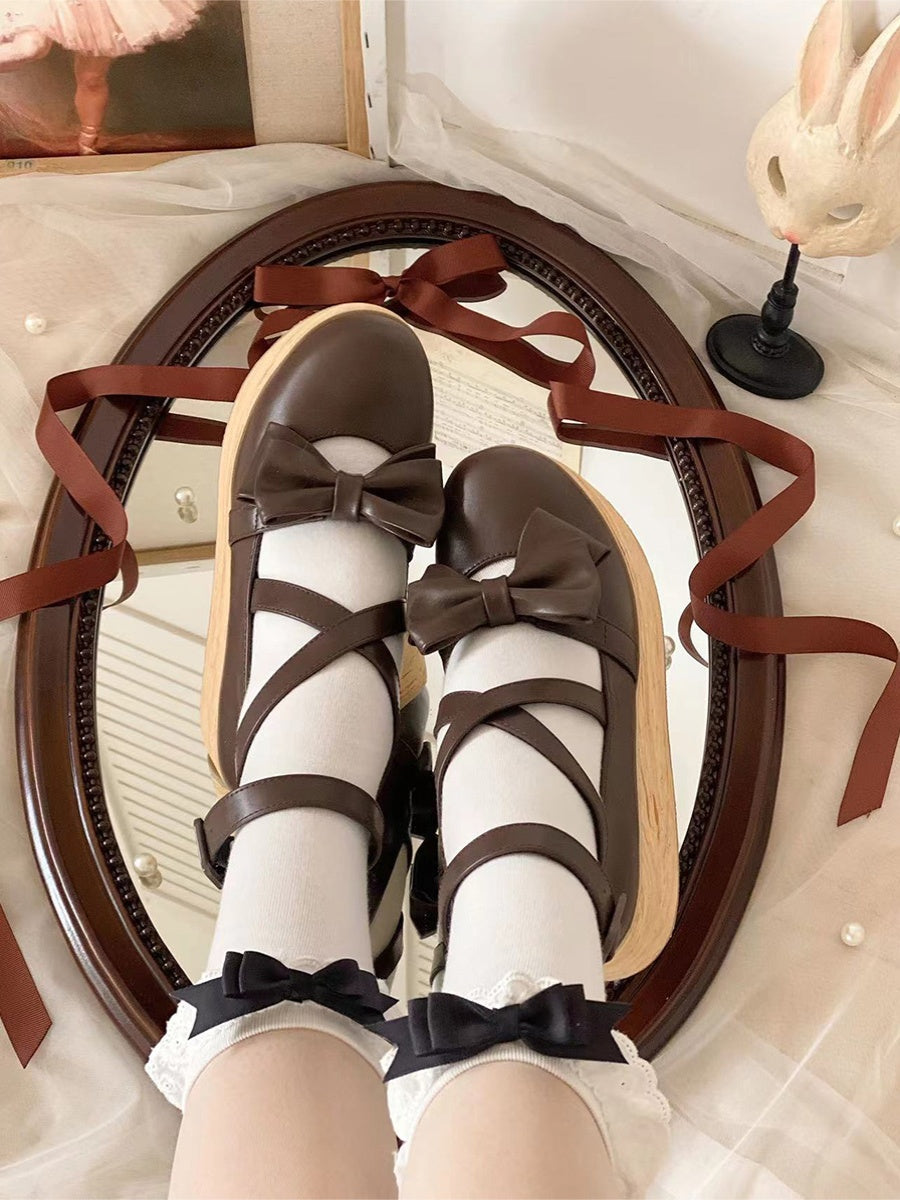 Wood Grain Ningyo Hime|White Tea Dream Original Bow Strappy Thick Sole Shoes