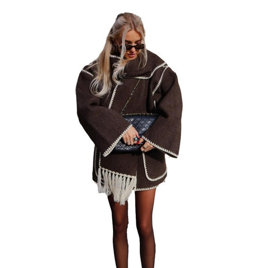 Wool coat with heather embroidered scarf