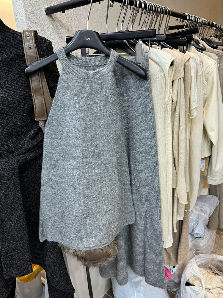 Sleeveless knitted vest + skirt two-piece set