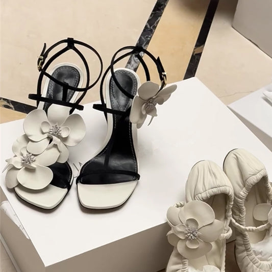Square toe white flower open toe sandals