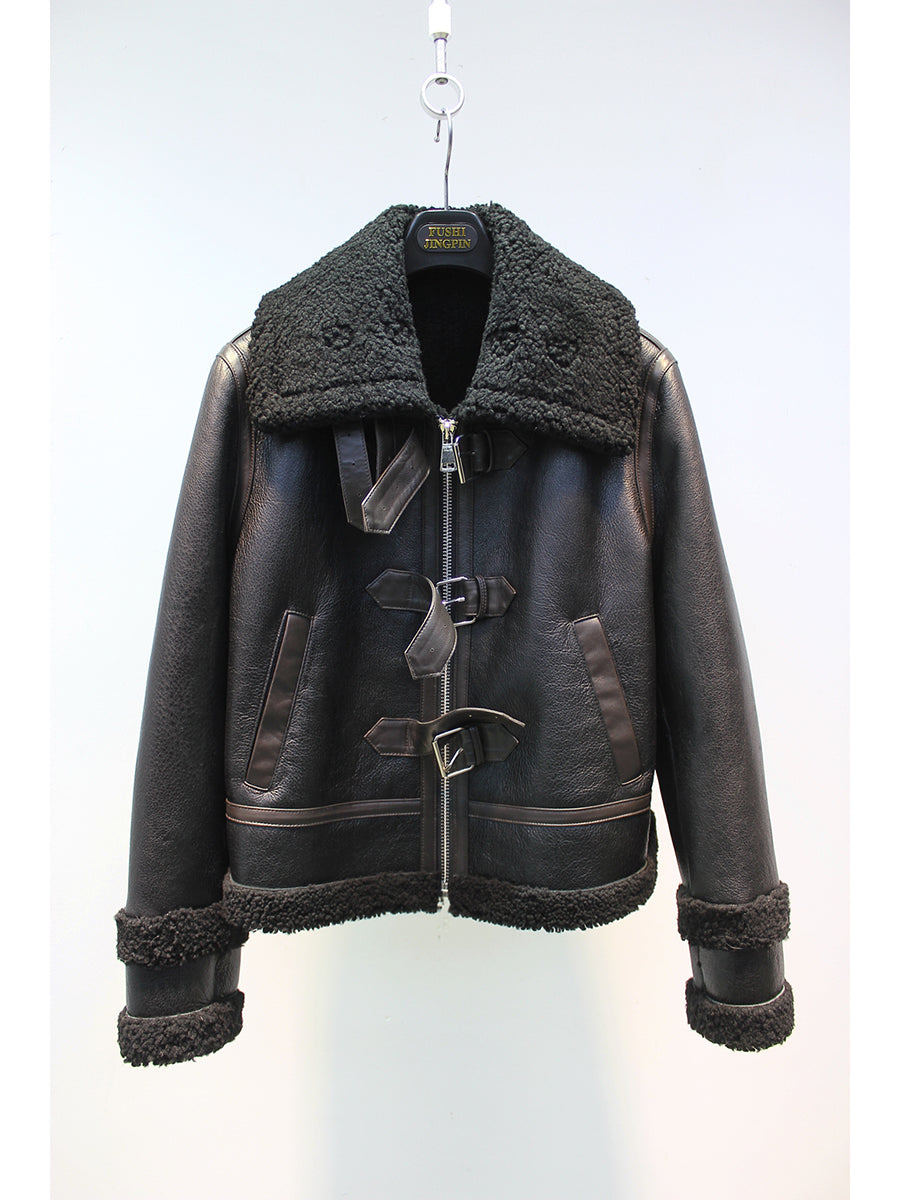 Original imported sheepskin all-in-one design motorcycle fur jacket