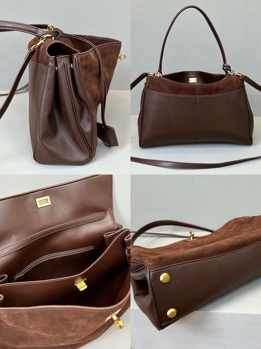 Suede stitching layered leather Kelly bag