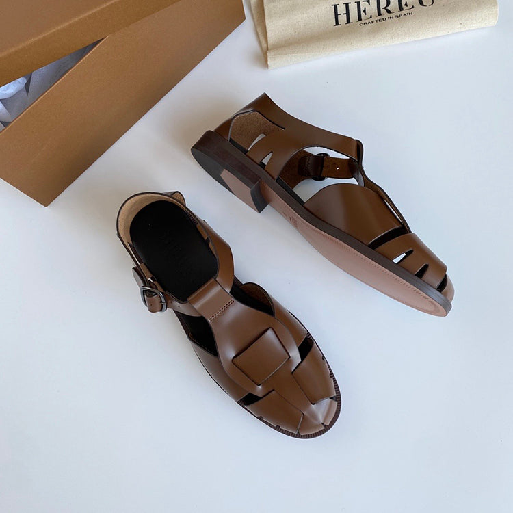Mary Jane's new style cowhide hand-woven flat buckle women's shoes
