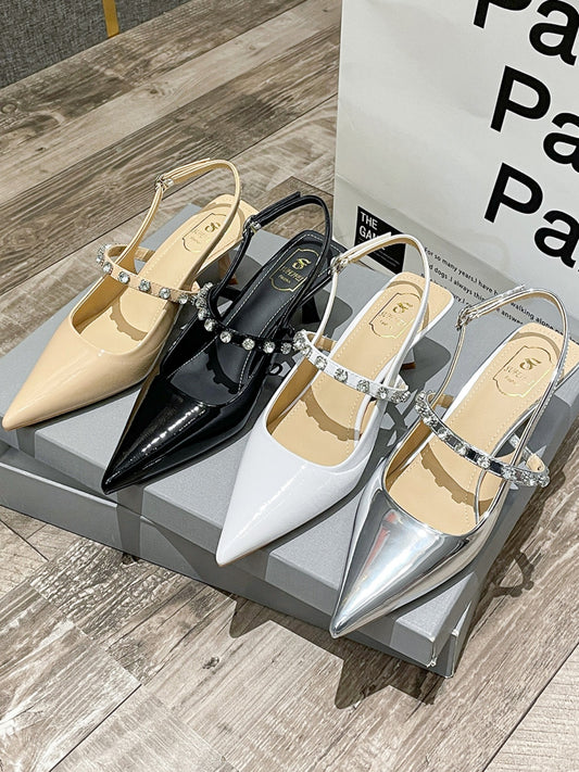 French patent leather pointed-toe rhinestone sheepskin high-heeled shoes