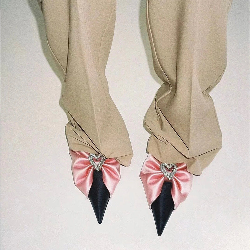 Heart rhinestone bow high heels