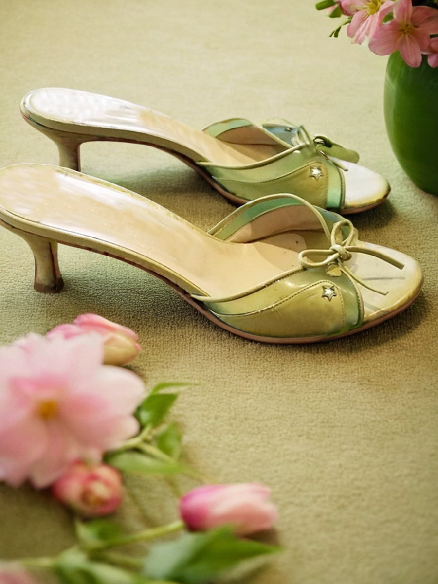 Medieval sandals olive green elegant stiletto bow high heel sandals