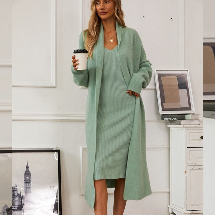 Knitted vest dress + long cardigan coat