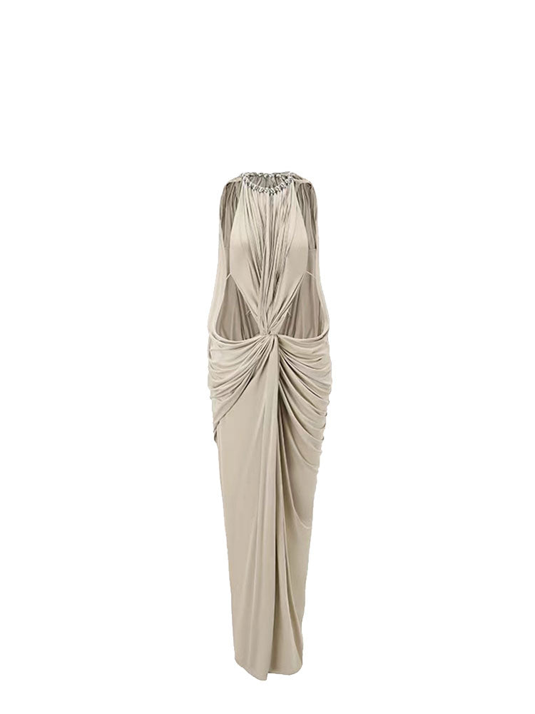 Hollow Pearl Halter Neck Dress