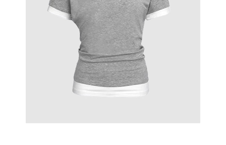 Gray fake two-piece short-sleeved patchwork contrasting T-shirt