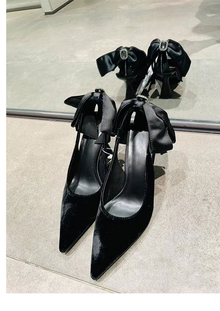 Bow pointed toe rhinestone stiletto sandals