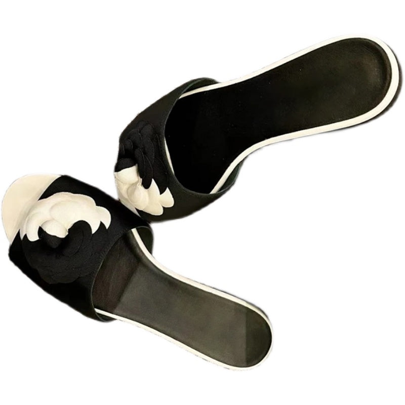 Versatile French lady round toe low heel thick heel women's slippers